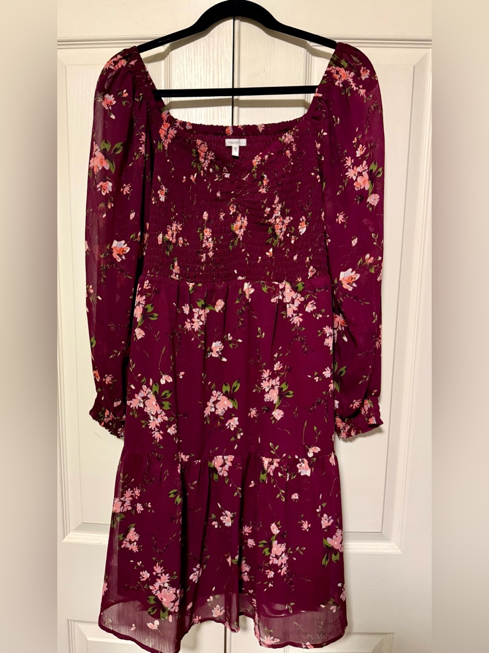 Maurice’s Women’s Floral Shirred Bodice Dress - Burgundy Pink- 1X